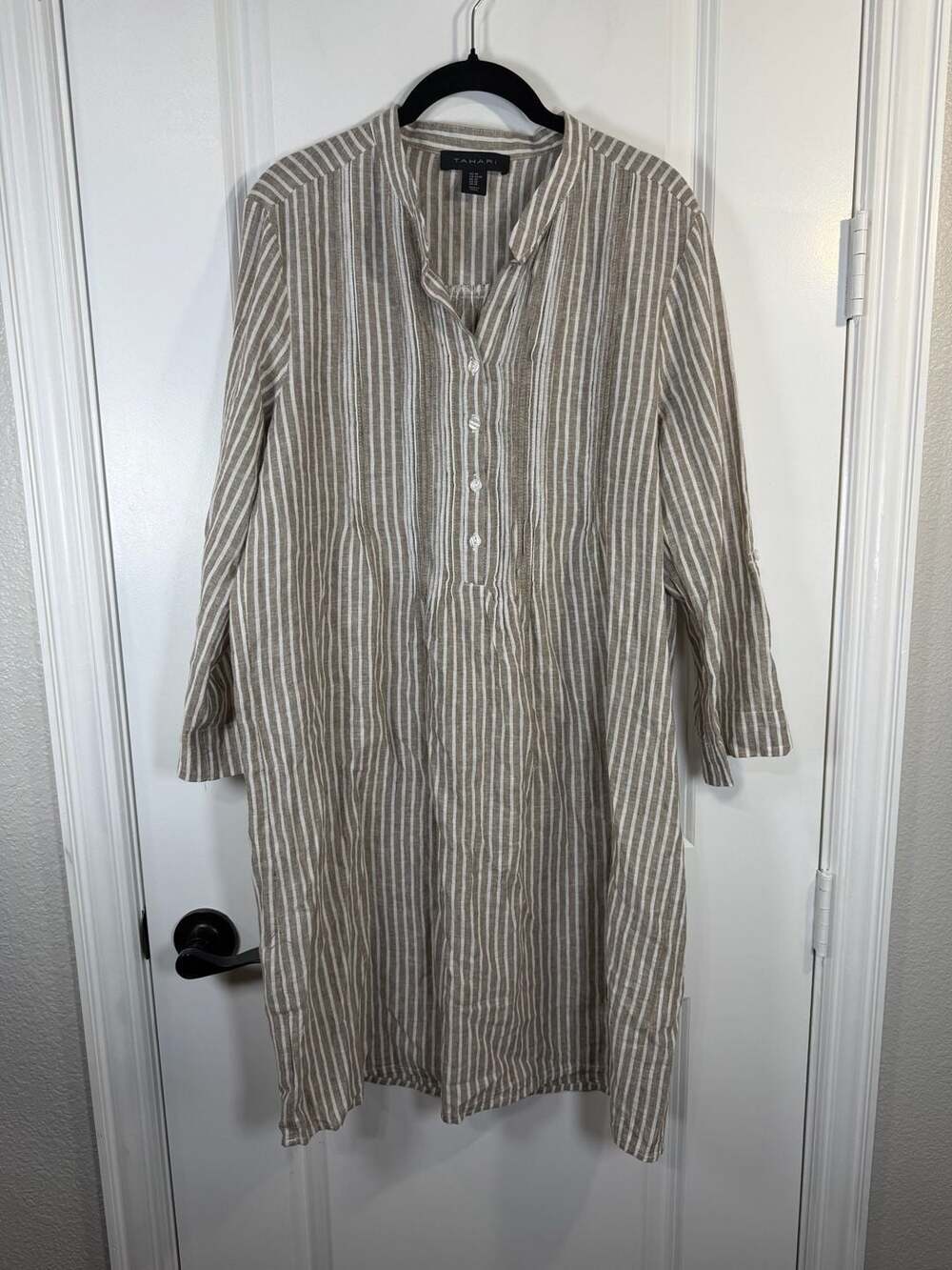 Tahari Linen Cotton Blend Striped Roll-Tab Sleeve Shirt Dress Size M